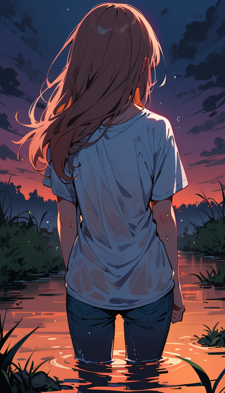 masterpiece, woman, blushed, flared jeans:1.2, dry-humping, soaking wet, orgasm, intercourse, drowning in swamp, t-shirt, looks around, dusk, from back