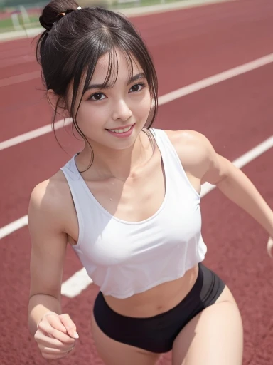 a lot of details, (underweight), 30 years old, detailed black hair, beautiful detailed hair, super fucking beautiful, delicate beautiful face, complex details beautiful and delicate eyes, perfect hands, (flat chest best quality:1.5), perfect and delicate limbs, detailed skin, best quality, ultra-detailed,(cheerful grin:1.3),
full body, (low angle shot:1.2), (running at full speed:1.3), topknot, white tank top, wholeblack bloomer, athletics stadium track