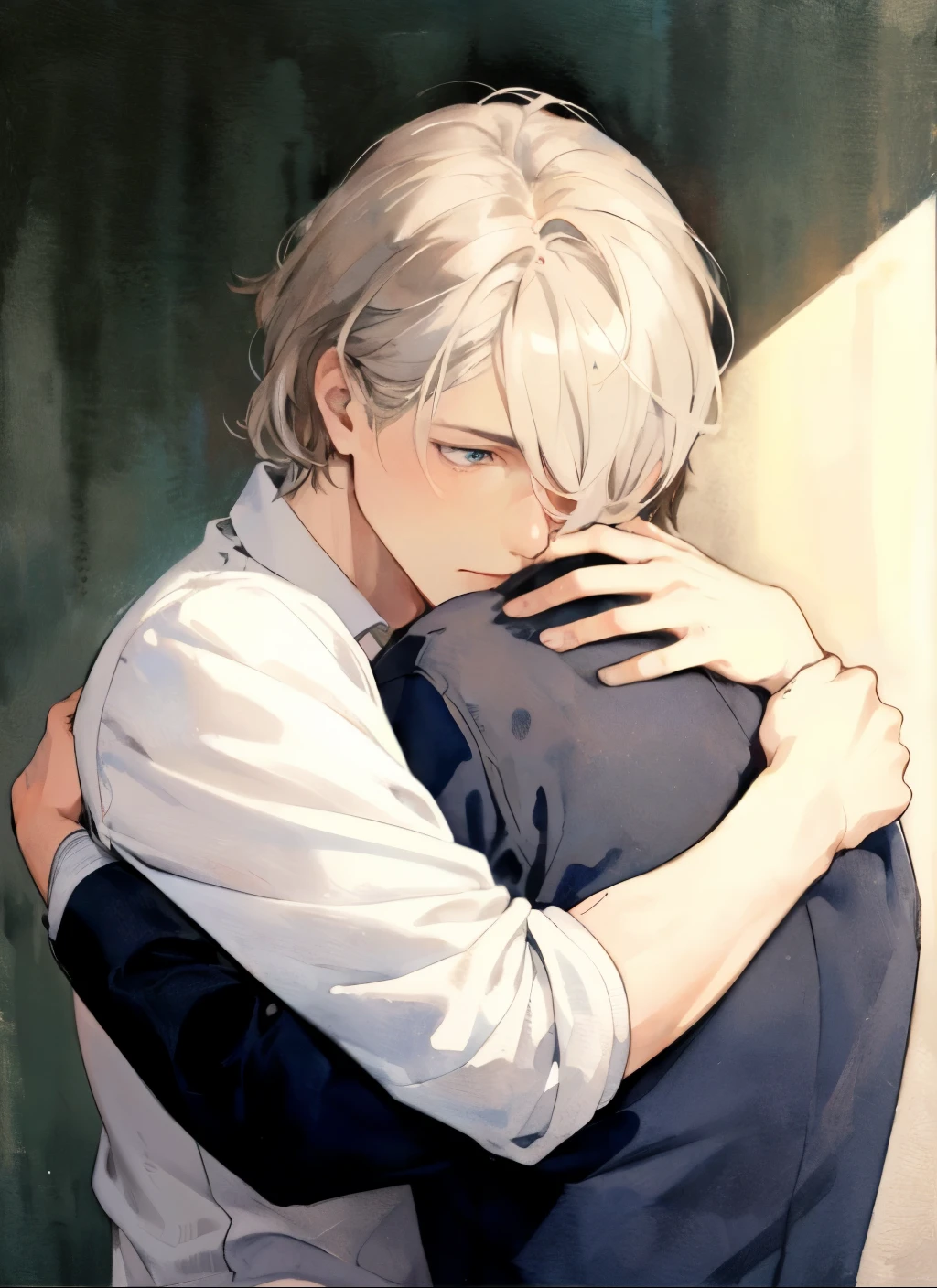 [[[2men]]],[male focus],1boy is brown hair,1man is white hair with darkblue eys,hug,30years old,bl,retro,watercolor painting,realistic,inroom,looking away,hair over one eyes,suit,shirt