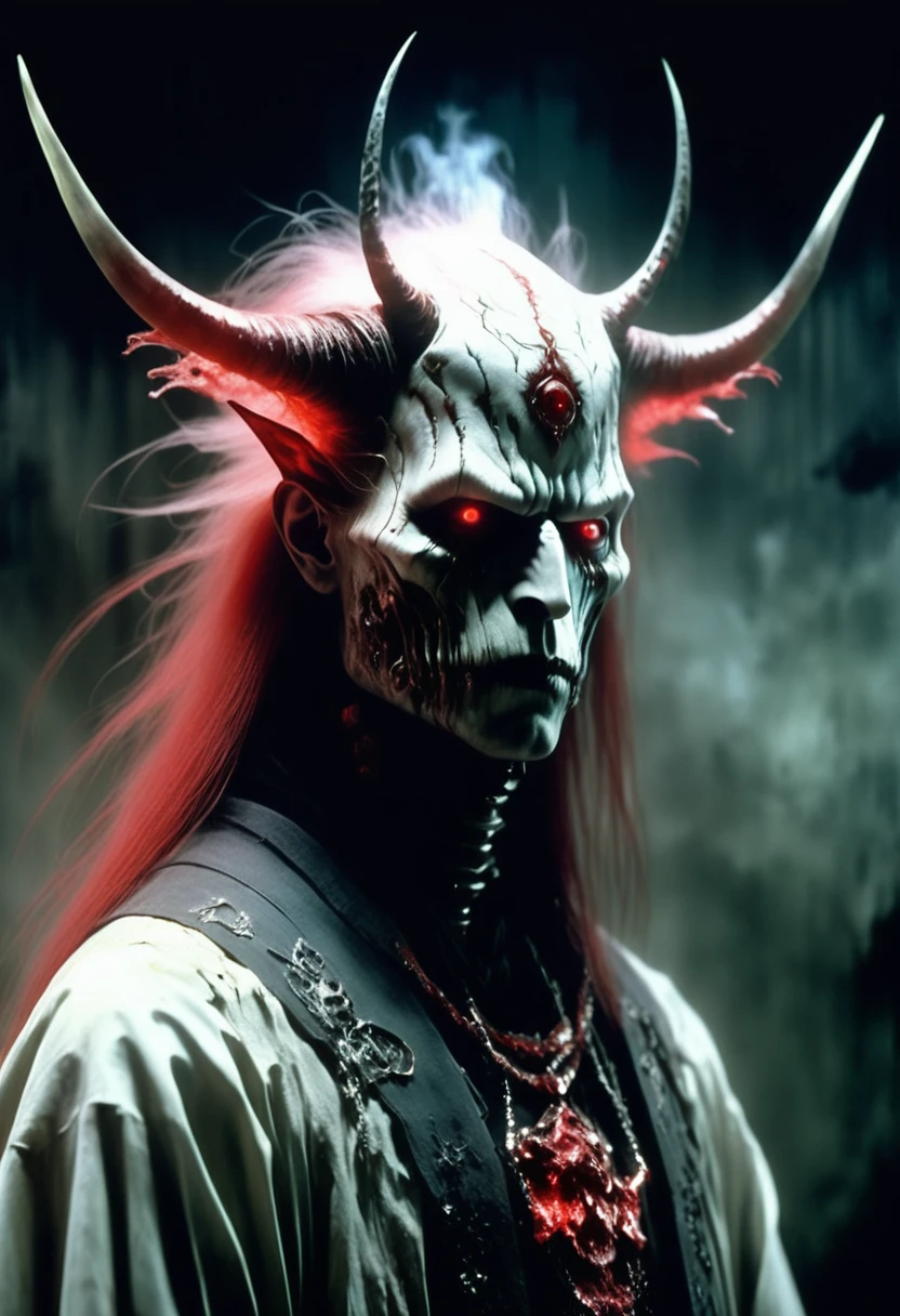 Yoshitaka amano style, dark scarlet, chemiluminescence, demon in the dark with a crazy look, creepy, (minimalism 1), ray tracing details...stephen gammell style - iaaya in the style of yoshitaka amano