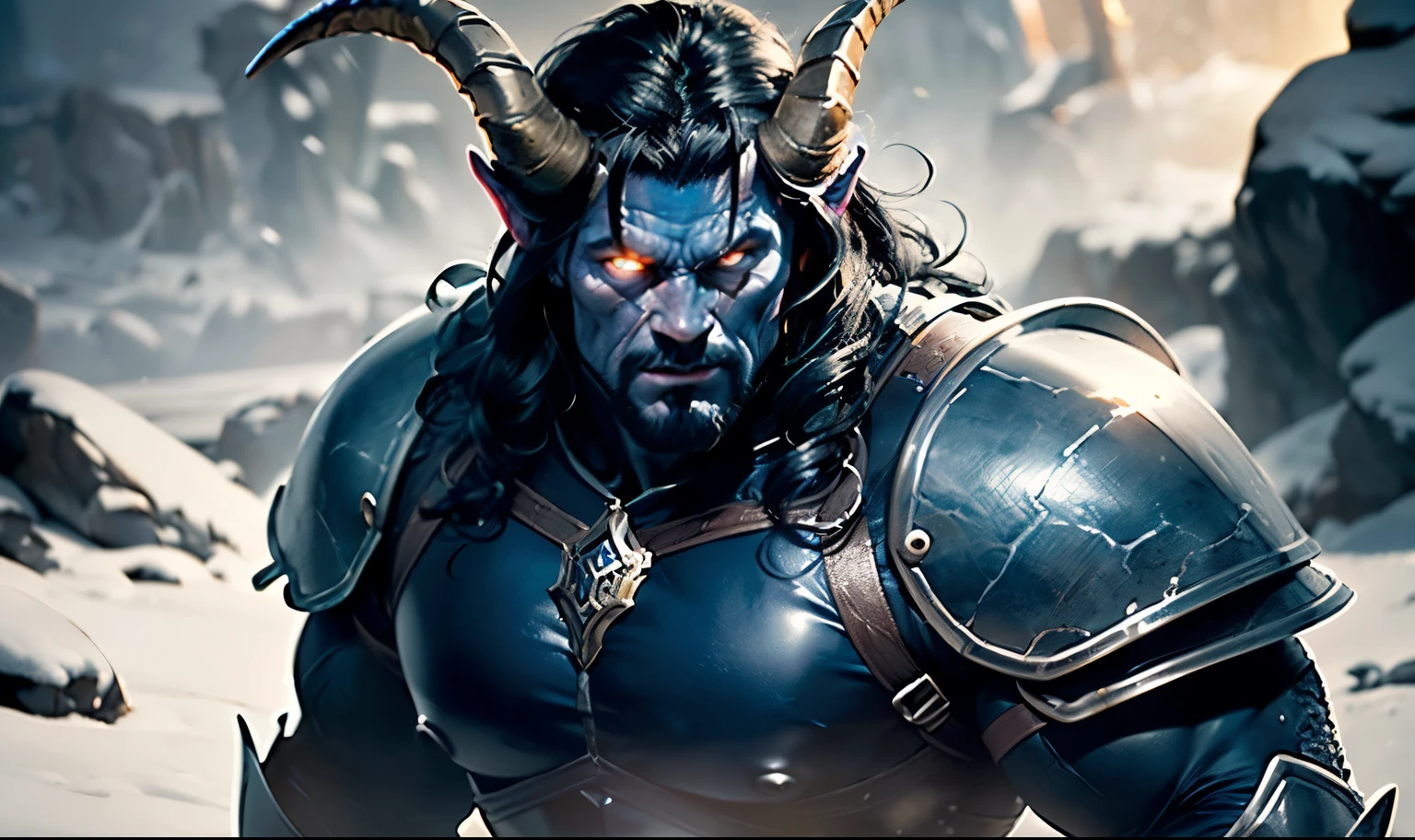 ((masterpiece)), ((best quality:1.2)), High Resolution, 8k, (ultra_realistic:1.3), (photorealistic:1.4), highly detailed, ((1boy)), (close up) very attractive manly incredibly muscular dangerous tiefling general, (((dull dark blue skin))), ((long black hair)), ((beard)), (((dangerous and formidable warrior))), (((very manly and masculine))) ((dark blue eyes with light glow)), (((heavily scarred body))), (wearing heavy leather armor with straps), (((set of long and massive dark winding ridged horns like a curly horned ram))), background is a bleak snowy rocky hellish desolate wasteland like Cania, ((massive muscular body)), cinematic, crystal clear, (global illumination), (subsurface scattering), (bleak lighting, soft light)