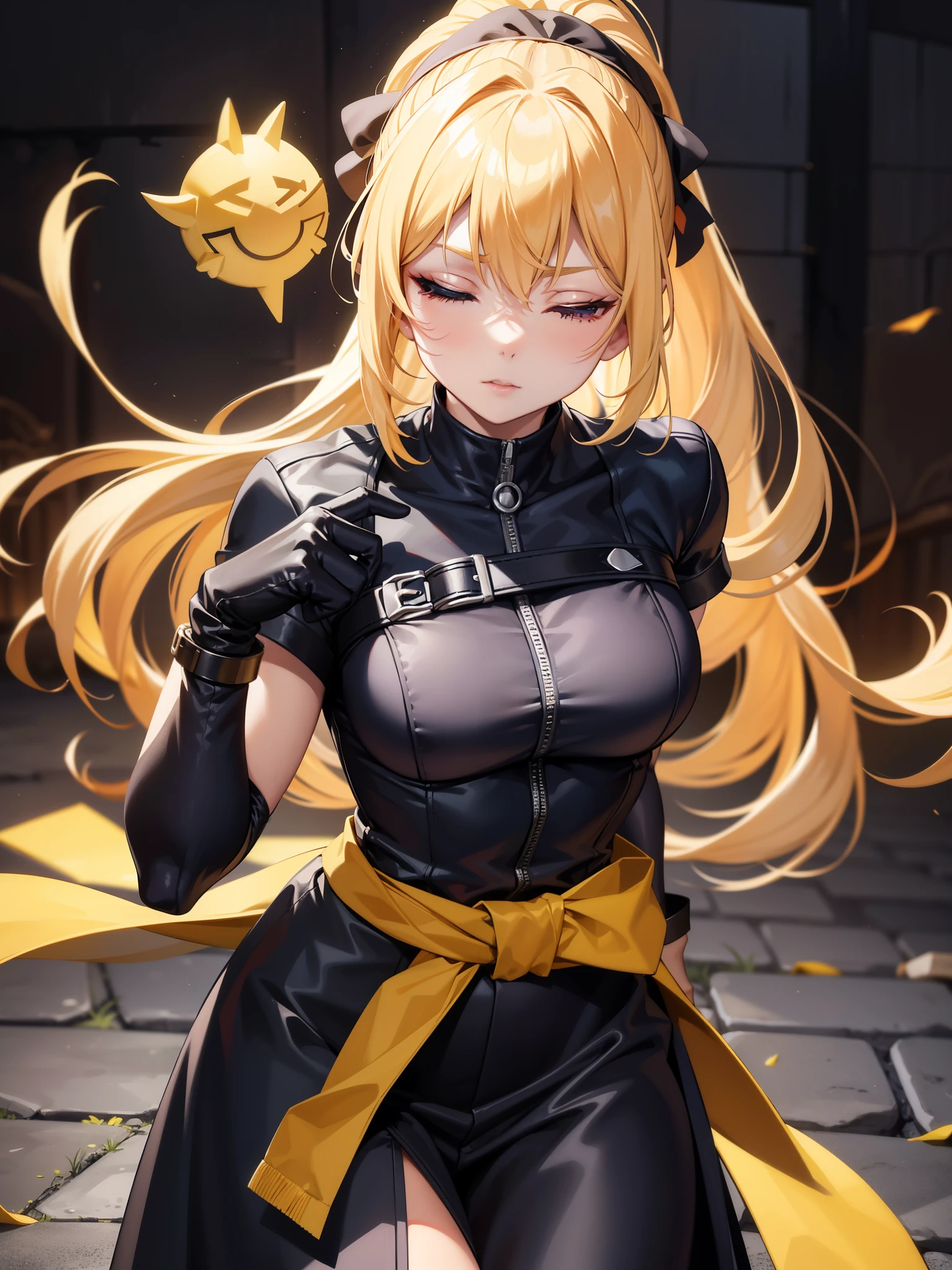 score_9、score_8_up、score_7_up、source_anime、Very aesthetic、Anime Screen Capture、Anime Coloring、Lidia Sobieska、Lidia Sobieska \(Iron fist\)、One woman、solo、chest、Blonde Hair、gloves、中くらいのchest、Eyes closed、ponytail、hair band、黒いgloves、指なしgloves、Muscular、head band、scar、顔のscar、目の周りのscar、赤いhair band、Clothes around the waist、Uniform、赤いhead band、Martial arts belt