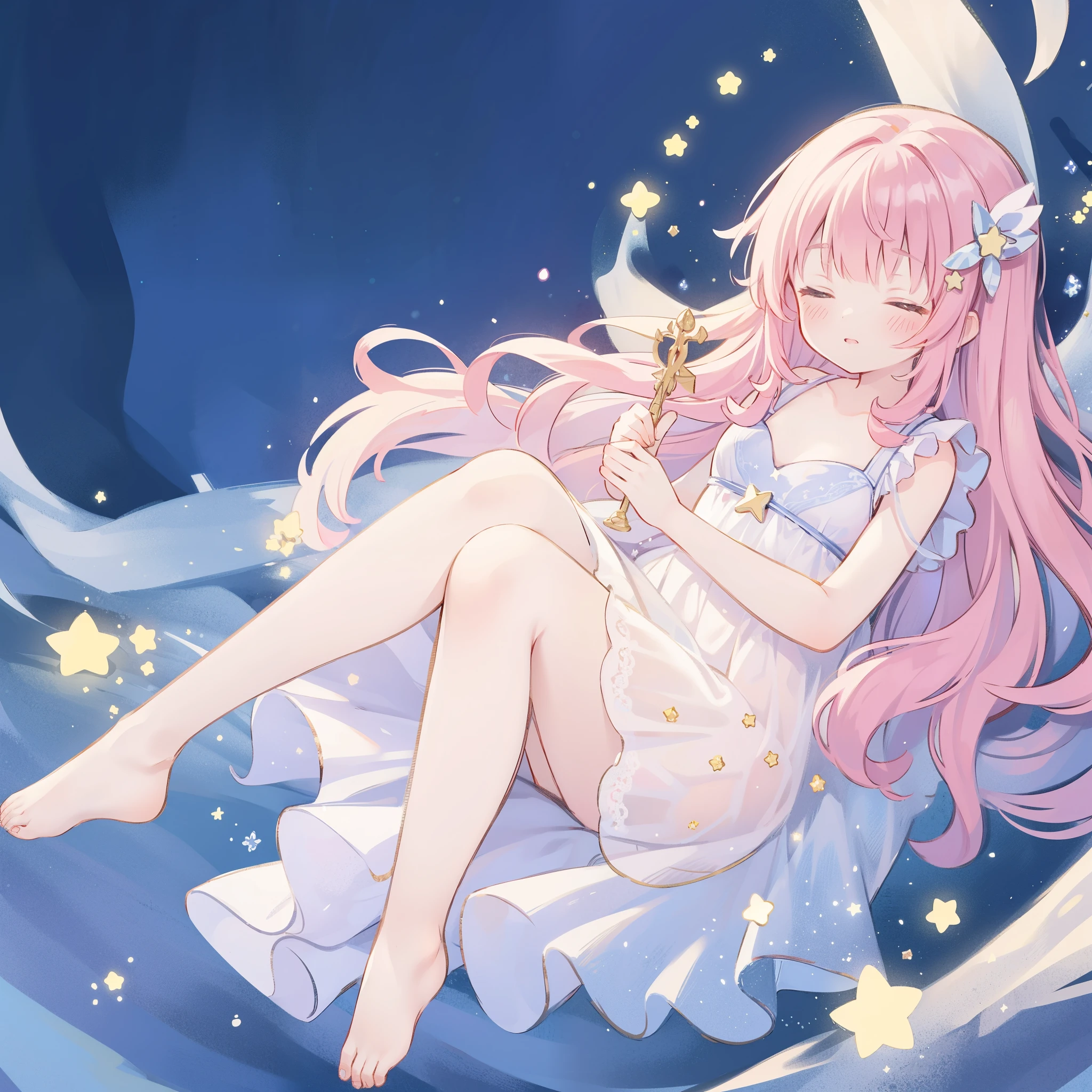 complex background, wishing star background, a woman wearing an ethereal mystical pink translucent dress that reflects the stars, dreamy, peaceful, serene composition, glowing stars, glowing, mystic, complex drawing, highly detailed, ethereal, starry night, midjourney style
