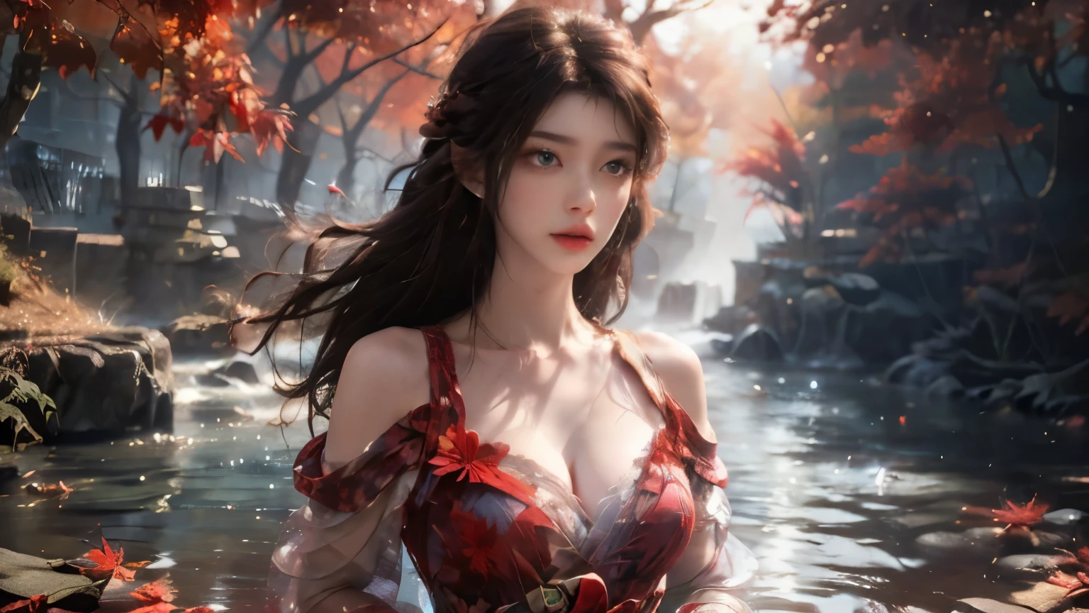 (fashion magazine cover:1.3),(full-size photograph:1.3),(a beautiful and delicate girl:1.2),(gorgeous formal attire:1.1),cleavage,(fashion design:1.1),a tender and watery gaze,elegant,
((Dadaism)),(creek:1.2),(free wind:1.1),(mist:1.1),warm and delicate sunshine,(red maple leaf:1.1),photography,