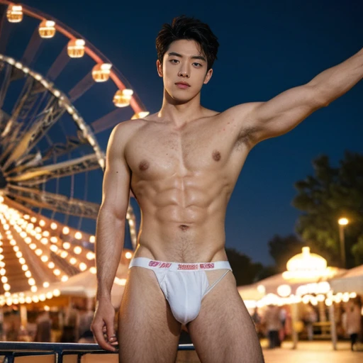 Very hairy armpits, hairy pubic, hairy crotch, wet sweaty body, Carousel, Ferris wheel, Full body photo, Very thin thong, Proudly showing off his sweaty very hairy armpits, completely naked just wearing white thong, Boy in the crowded amusement park, amazing amusement park scenery, boy, very young boy, Cinematic soft lighting illuminates a stunningly detailed and ultra-realistic handsome korean male supermodel, ultra messy curly hair, clear honey eyes, captivating perfect smile, sensual, hot man, insanely handsome, showing off his sweaty body, very sixpack muscular body build, slender, toned, full body, 8k, photography, masterpiece, detailed face, detailed eyes, sexy, beautiful abdomen and beautiful legs and a detailed big hard penis, expression of ecstasy, excited, slim, detailed eyes and lips, sixpack and fit body. Image quality is of the highest standard, with ultra-detailed features and a realistic appearance. The colors are bright and vibrant, enhancing the overall aesthetic. The lighting is soft and natural, casting a soft glow on the boy, don't merge body's