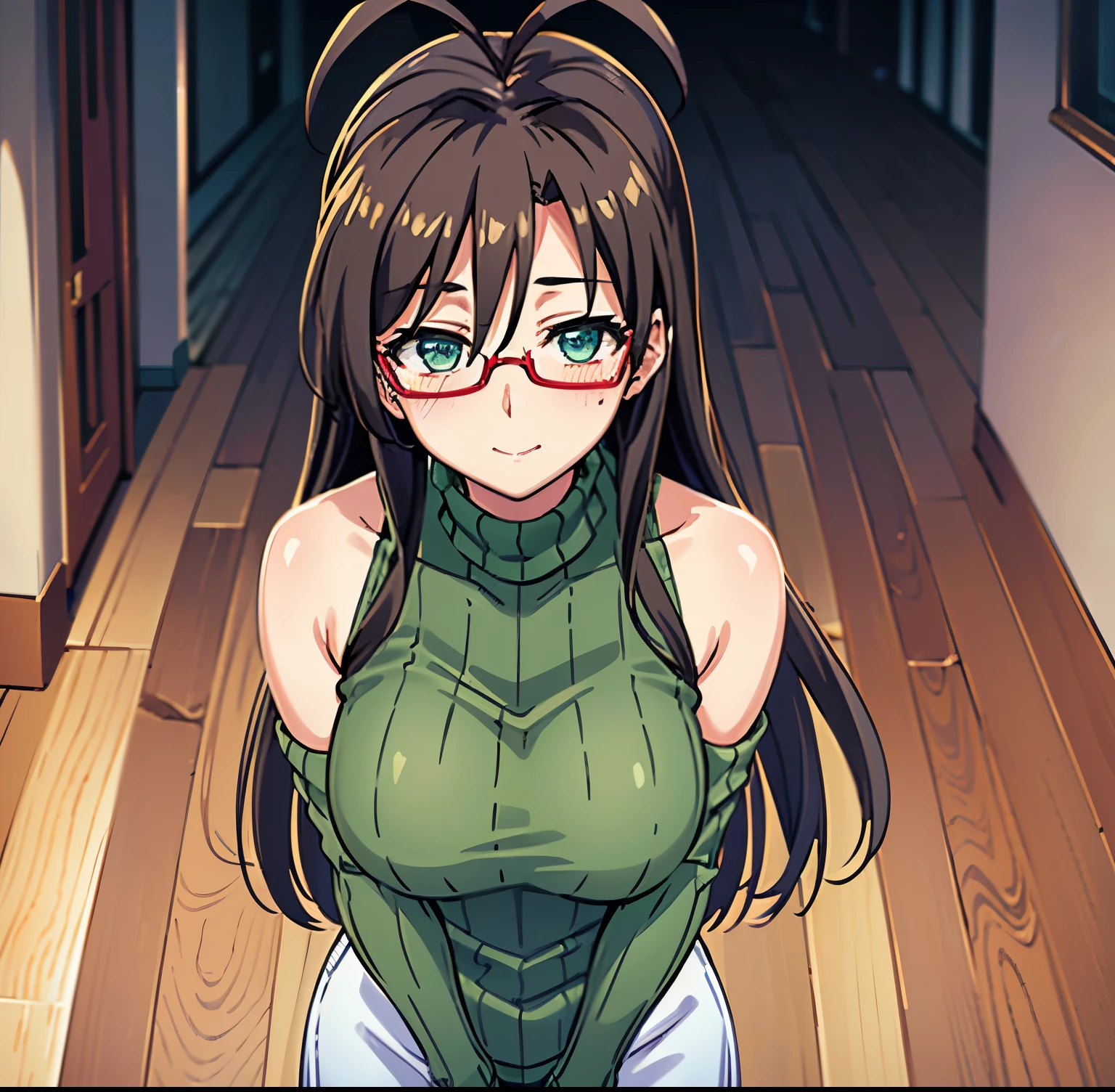 1girl,alone, chisato Hasegawa,( 4k detailed), (masterpiece), (ultra quality), (ultra detailed), (best illustration), (best shadow), (extremely detailed), (absurdities), (detailed background) , , glasses, alone, long hair, red-rimmed glasses, half-rimmed glasses, turtleneck, smile, under-rimmed glasses, black hair, bare shoulders, brown hair, antenna hair, sleeveless turtleneck, big beasts, full body, green eyes, green sweater, looking at viewer, head on, focus on breasts, pov (from above) innocent smile, blush, outdoors, night, sexy body, sexy posture, perfect anatomy, perfect hands