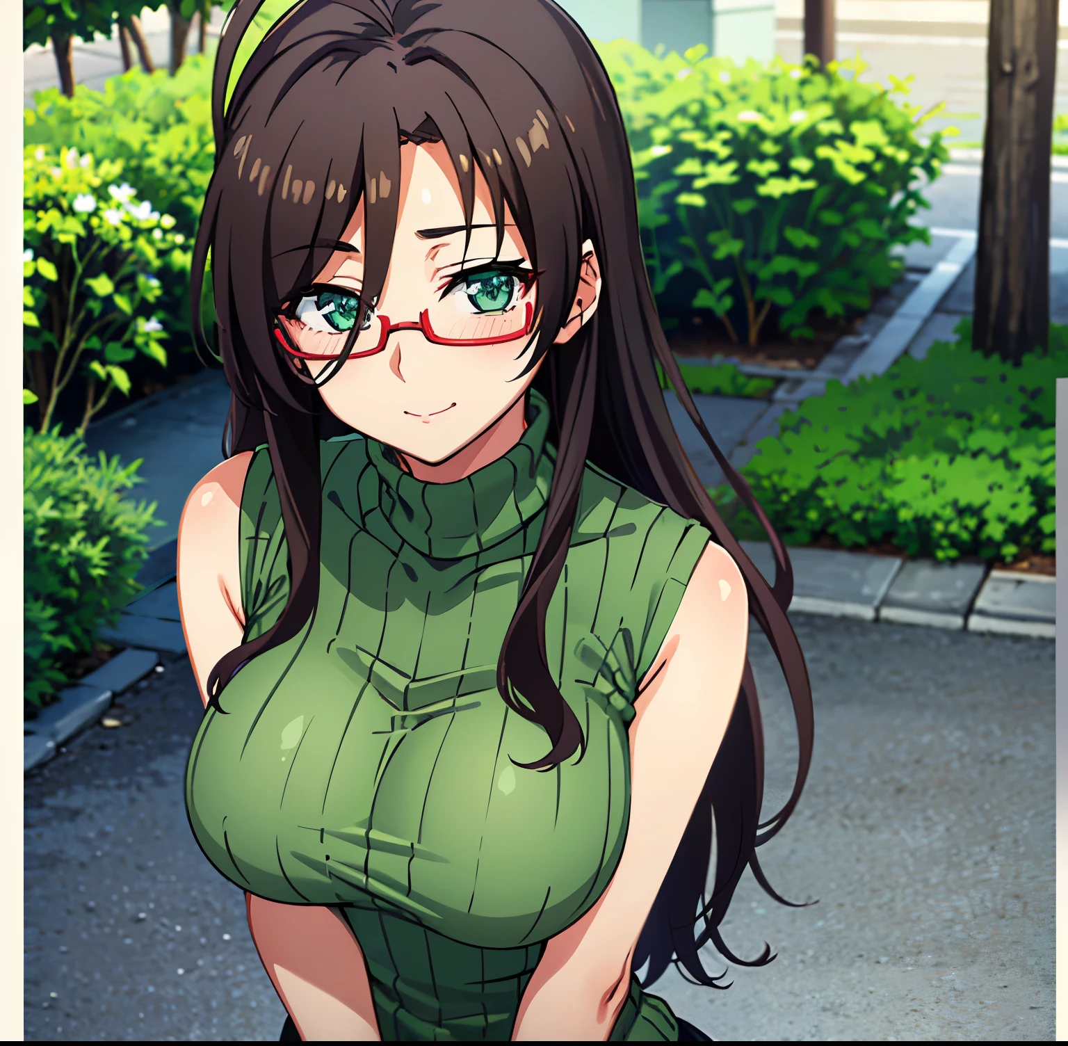 1girl,alone, chisato Hasegawa,( 4k detailed), (masterpiece), (ultra quality), (ultra detailed), (best illustration), (best shadow), (extremely detailed), (absurdities), (detailed background) , , glasses, alone, long hair, red-rimmed glasses, half-rimmed glasses, turtleneck, smile, under-rimmed glasses, black hair, bare shoulders, brown hair, antenna hair, sleeveless turtleneck, big beasts, full body, green eyes, green sweater, looking at viewer, head on, focus on breasts, pov (from above) innocent smile, blush, outdoors, night, sexy body, sexy posture, perfect anatomy, perfect hands