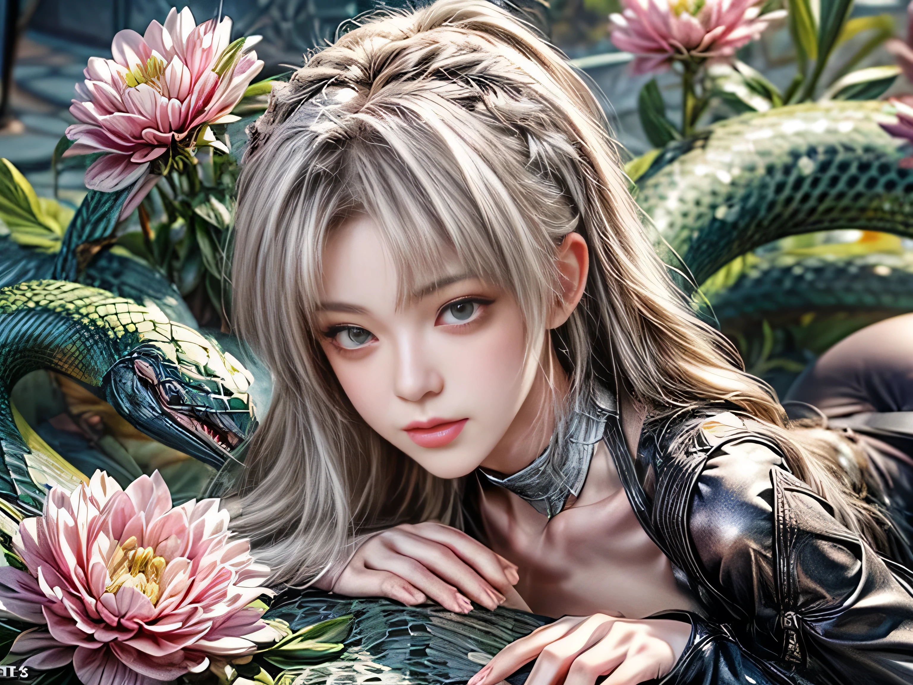 (Best Quality, 8K, Masterpiece, HDR, Soft Lighting, Picture Perfect, Realistic, Vivid), White Snake Girl (1.0), Naga Girl (1.0), Snake Girl, Snake Girl with White Hair and Sexy Open Scales pink bodysuit snake texture, Beautiful Anime fantasy, Very beautiful and cute snake girl, rain of pink flower petals, background blur, anime fantasy, work in Gouves style, realistic: 1.37, top view, lying in pink flowers, horizontal view , (Ultra High Quality Fantasy Art), Masterpiece, Female Model, Ultra High Quality Female Character Designs, Detailed 8k Anime Art, Realistic Anime Art, Highest Quality Wallpaper Illustrations, Intricate Ultra High Quality Accurate Female Character Faces, High Quality Design and Accurate Physics (Ultra High Quality Fantasy -art, dark fantasy style), masterpieces, super high-quality characters, anime resolution - 8K, realistic anime art, wallpapers with the highest quality illustrations, ultra-high facial detail, high-quality design and accurate physics), color, depth of field, shadows, ray tracing , high quality workmanship. -high-quality computer wallpapers and 8K resolution, (Accurate simulation of the interaction of light and materials)], [High-quality hair detail [More about beautiful and shiny white hair]], (Beautifully detailed hands [perfect fingers [Perfect nails]]]], (perfect anatomy (ideal proportions) ))) [[Full height]], [Perfect combination of colors (Accurate imitation of the interaction of light and material)], [art that conveys the meaning of the story]