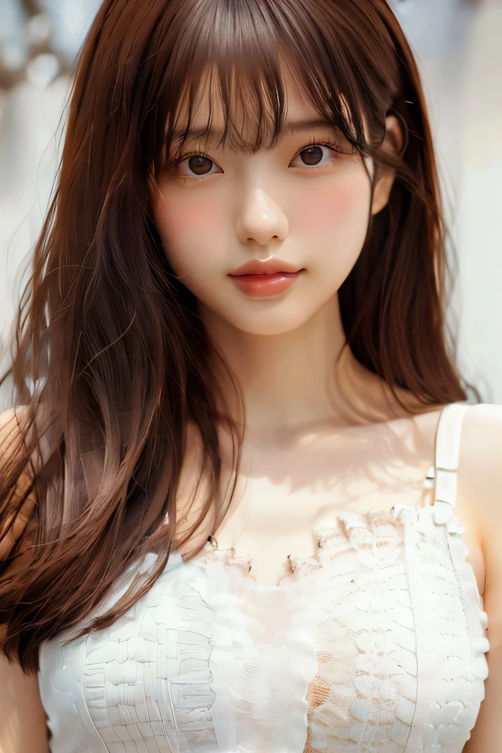 (Upper Body:1.7), Young Japanese Woman, 20th Generation, White Background, simple background, White brown hair, thin, 4K, In 8K, high quality, beauty, Beautiful and shining eyes, simple, High resolution,1 person,Beautiful Skins,Beautiful Skin,Shortcuts、Wearing a white blouse,Shoulder、Winters,lipstick, Cleavage