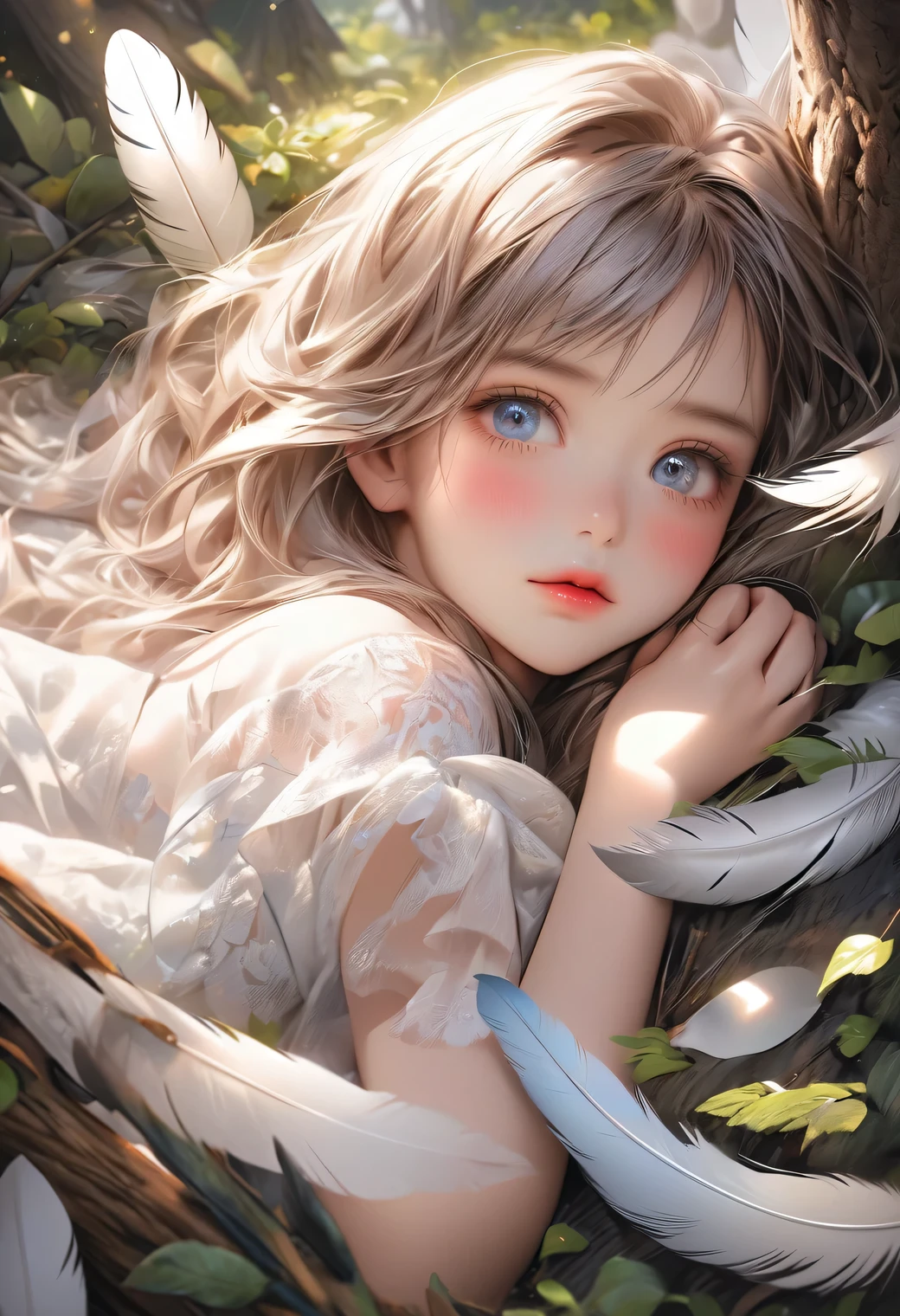 Fantasic Illustration, Masterpiece: 1.2, Highest Quality, Highres, 16k, Beautiful Detailed, Ultra-Realistic, Photo Realistic: 1.37, beautiful and cute girl,  wearing feathers:1.3, buried in feathers:1.2, lying down in the covered with feathers shade of a tree and relaxing, growing eyes, shining pupils, blushed cheek, shiny rosy lips, delicate beautiful (hair, face, eyes, pupils, long eyelash, feathers), middle breasts, view from  above