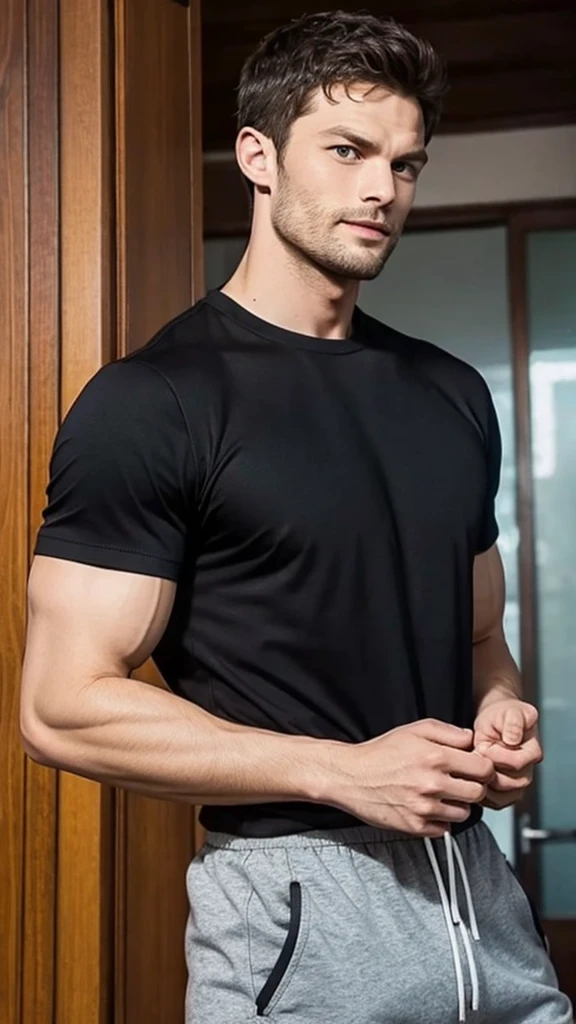 Jamie dornan, handsome , smile, (halter neck t-shirt , black shirt only ,Short sleeve shirt), black sweatpants, Korean guy, chest muscles, large arm muscles, blood vessel, Big muscles, Broad shoulders, looking at the audience, Balancing the eyes, (in modern house:1.3)