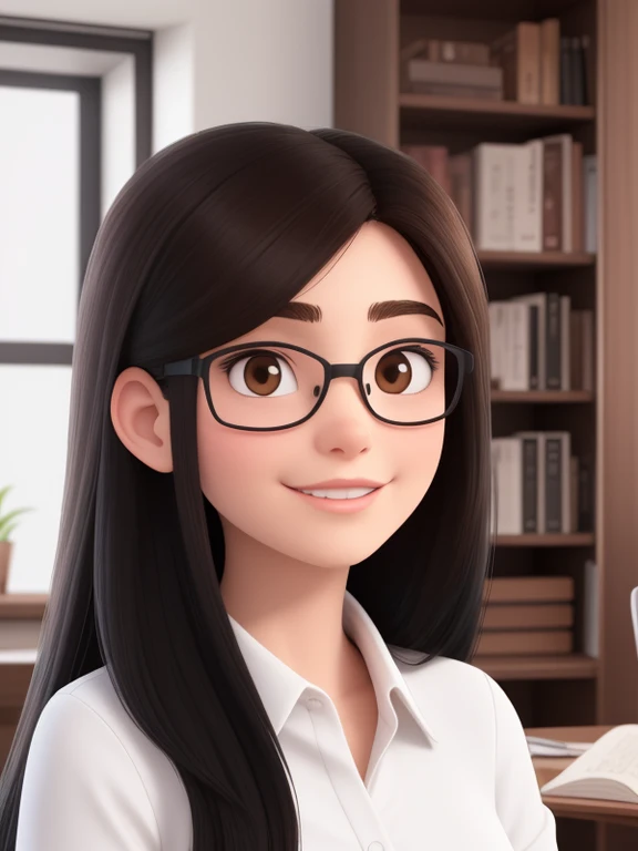 A 28-year-old woman, long black hair, Round Face, Smile, and black eyes, wear glasses.Wearing a white shirt,Stand in the study。