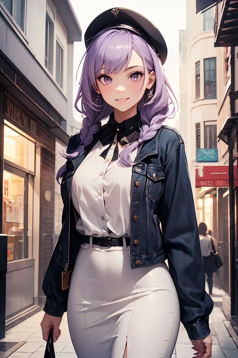 ((1 girl)), Latest Trends in Clothing, White long dress, Floral, Street fashion, Denim Jacket, cap, Cowboy Shot,((Very detailed,highest quality, High resolution, 8k wallpaper, Beautiful clothes,)),((Light purple hair, Shortcuts,Braided hair,)) (Pink Eyes), (teeth), Grinning face, eye shadow, eyeliner,Glow Eye, Very detailedな目, Clear Eyes, Beautiful Eyes, 18-year-old girl.
