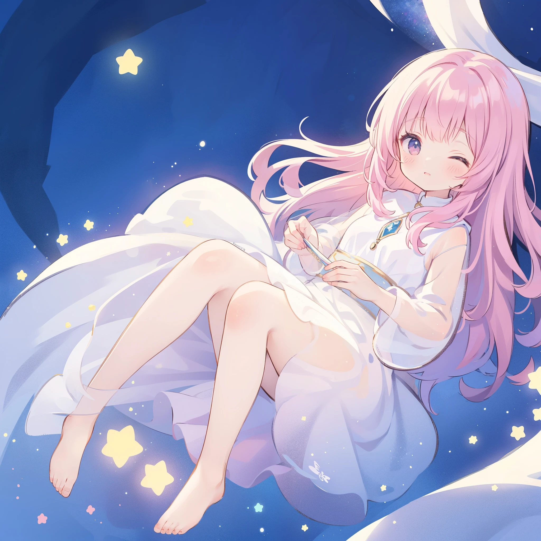 complex background, wishing star background, a woman wearing an ethereal mystical pink translucent dress that reflects the stars, dreamy, peaceful, serene composition, glowing stars, glowing, mystic, complex drawing, highly detailed, ethereal, starry night, midjourney style