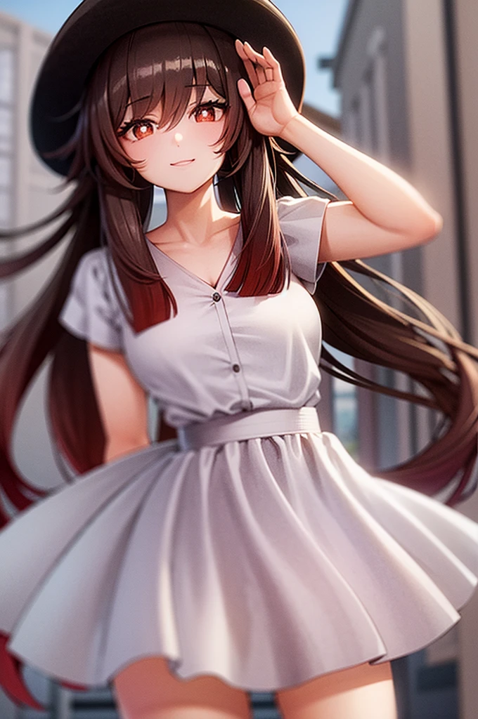 highest quality, Ultra-high resolution, One girl, Sleeveless white button-up shirt, cute, ( Reddish brown long hair:1), ((Puffy eyes)), look at me, whole body, Smile at me, Red eyes, Flower Eyes, beautiful, cute,The chest is visible,All buttons on the shirt are open,She pulls up the hem of her skirt with her hands to show me her pussy,