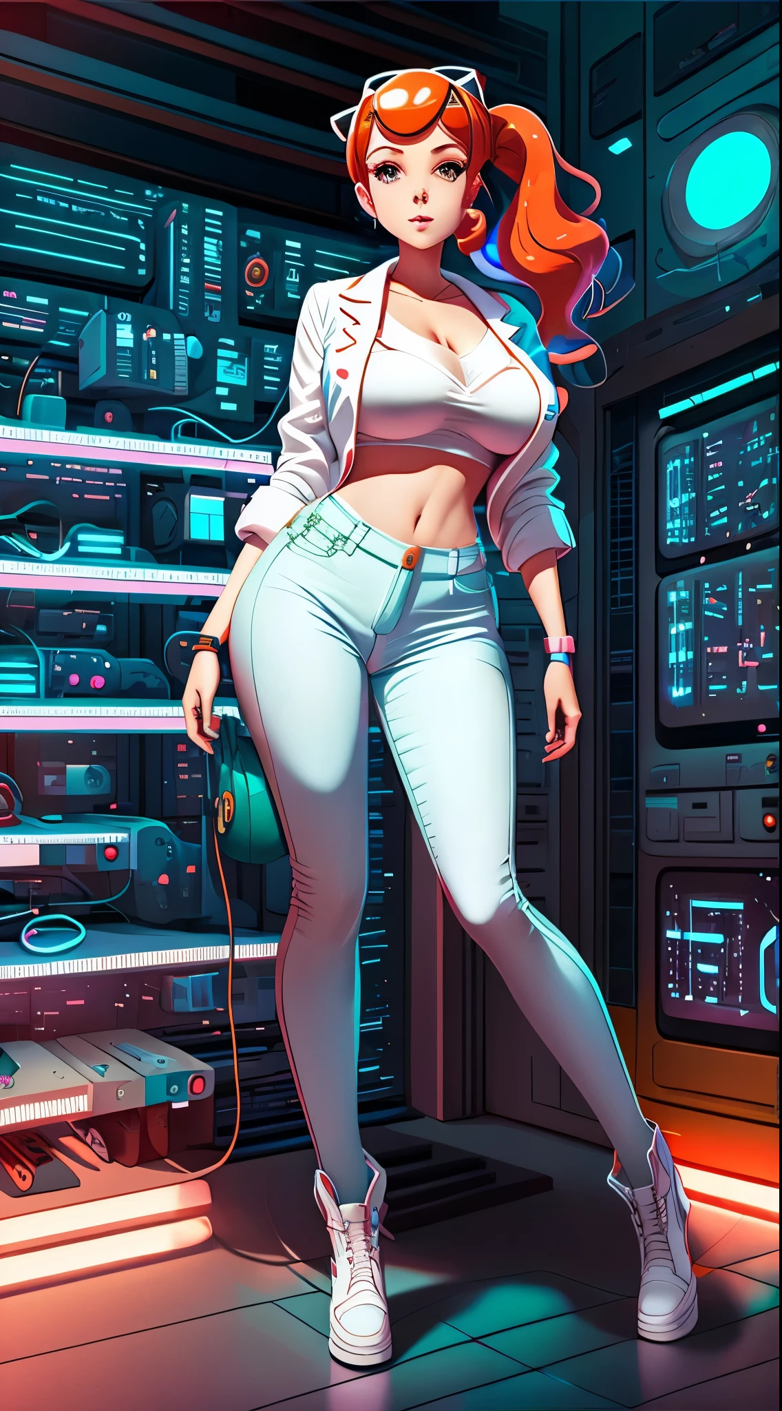 Sonia from pokemon, 1girl:1.5, sexy body, milf, tight jeans, lab coat, navel, masterpiece,(bright white sci-fi labratory:1.5), (cleavage:1), (big breast), depth of field, front view, detail face, full body, (highheels), designed by Gucci::3, tumblr, inspired by Yanjun Cheng style, digital art, meme lofi internet girl, trend in dezeen, catalog photo, 3 d render beeple, rhads and lois van baarle, cartoon style illustration, bright pastel colors, a beautiful art illustration, --ar 2:3 --q 2