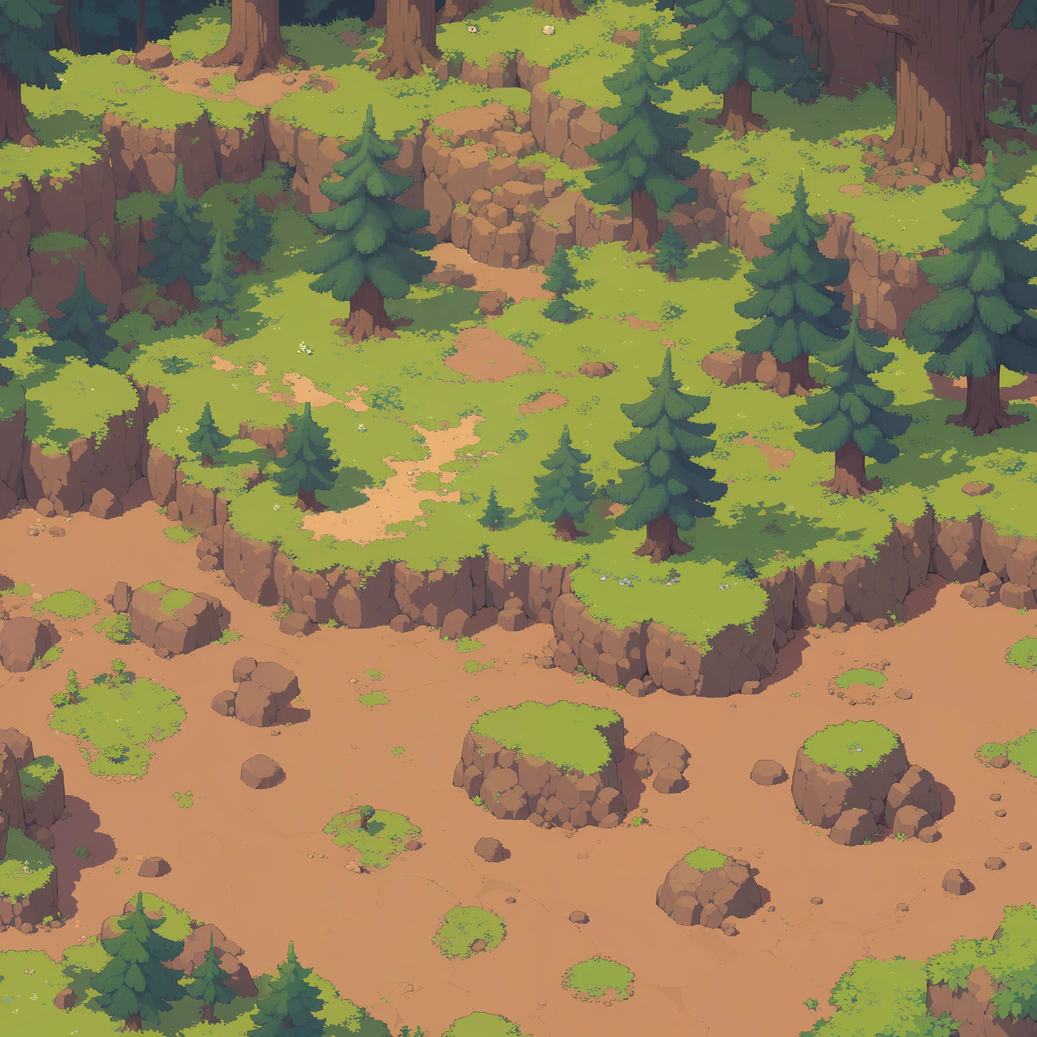 retro video game style,pixelated graphics,vibrant colors,8-bit characters,blocky shapes,sharp lines,detailed shading,classic gaming vibe,nostalgic atmosphere,classic arcade games,masterpiece:1.2,ultra-detailed,illustration style, 2d texture, clay texture, stone texture, 4 k seamless mud texture, video game texture, dirt texture, clay material, flat texture, grass, trees, rock texture, rocky ground, forest, topdown view, game texture, background art, ground very detailed, dirt, floor texture, tileable texture, intricate ground stone, top down view, 3/4th perspective