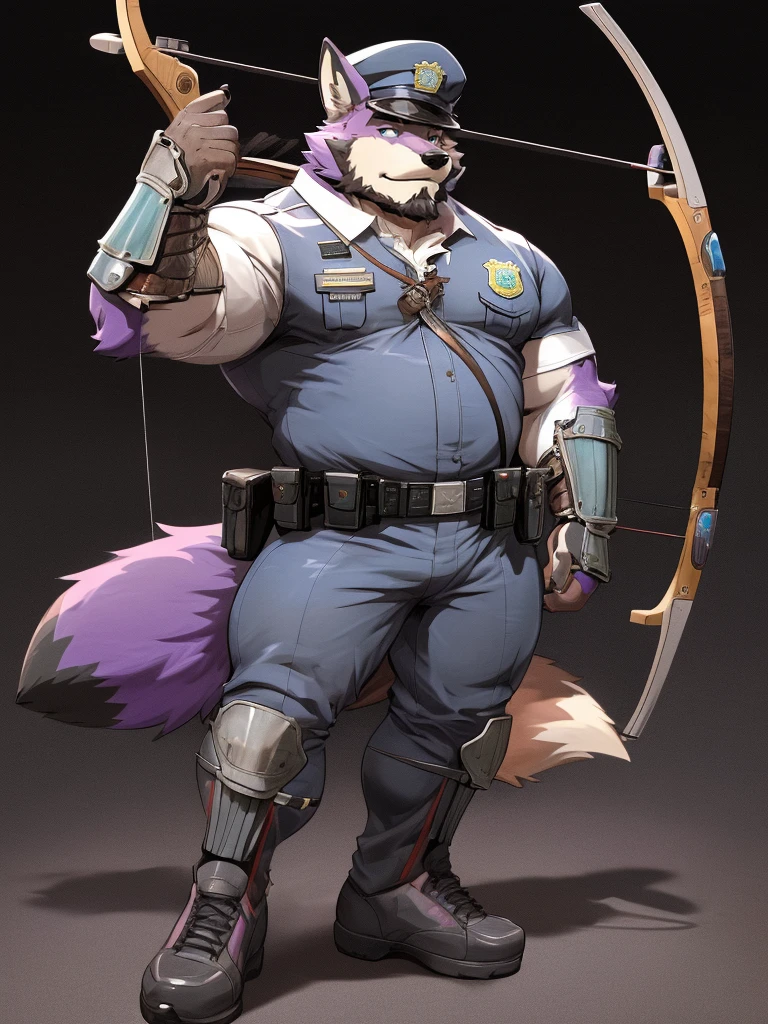 a drawing of a man in a uniform holding a hunting bow, detailed full body, (((archery armor, military hat, police man, black color outfit, military shoes, police cap))), beautiful full body, full uniform, an anthropomorphic fox, moustache, mature, daddy, furry character, anthropomorphic furry art, anthro concept art, commission for high res, fursona commission, fullbody commission for, purple fur fox, (((hunting bow))), (((purple fur))), muscular, bulking, tall, archer, beard, ((fox)), furry art, hold a ((scifi bow)), (muscular), (big body), (beard),