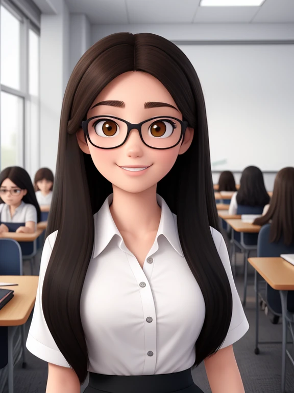 A 28-year-old woman, long black hair, Round Face, Smile, and black eyes, wear glasses.Wearing a white shirt,in the classroom。