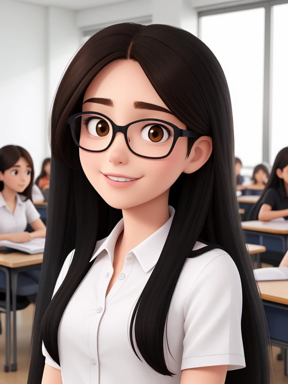 A 28-year-old woman, long black hair, Round Face, Smile, and black eyes, wear glasses.Wearing a white shirt，in the classroom。
