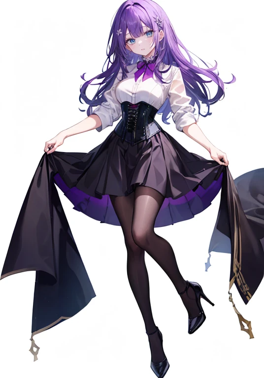 ((Perfect Face)),Purple Hair,long hair,Adult female,White shirt,((Shirt with rolled up sleeves)),(((Roll up your sleeves))),((corset)),skirt,(High heels),((Simple White Background)),((full body)),((Full Body)),