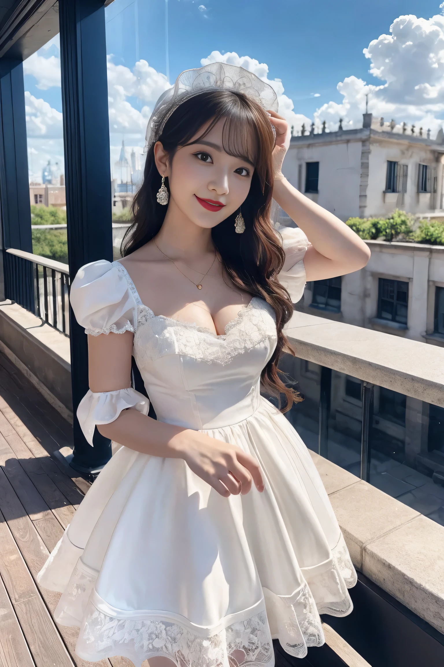 (Rococo architecture:1.2),(balcony), Dynamic angle,((1girl, white Puff sleeve gown dress , highest resolution)), (beautiful illustration),(semi long beautiful hair),(looking at the viewer),innocent smile,cinematic lighting,white over-kneehighs,Lace chalker, wristband, diamond necklace,wristband, white fingerless gloves, earrings,day,blue sky,Big Breasts,Red lipstick,