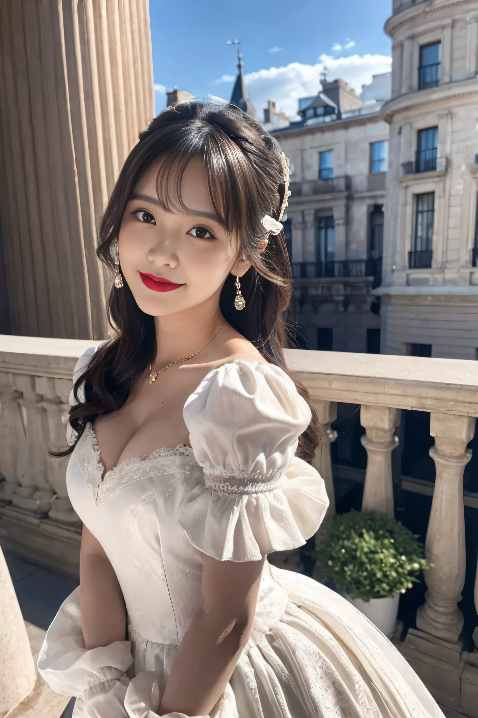 (Rococo architecture:1.2),(balcony), Dynamic angle,((1girl, white Puff sleeve gown dress , highest resolution)), (beautiful illustration),(semi long beautiful hair),(looking at the viewer),innocent smile,cinematic lighting,white over-kneehighs,Lace chalker, wristband, diamond necklace,wristband, white fingerless gloves, earrings,day,blue sky,Big Breasts,Red lipstick,