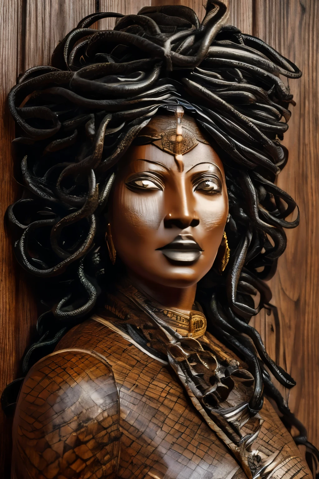 portrait of a wooden black woman made out of wood, thick wooden, fat black woman, black fat woman, old wooden statue of a black woman, d&d character portrait, in the background is a wooden wall with codwebs, opera, black diva, woman singing, dust, d&d character, d&d portrait, dark fantasy, character artwork, sad looking woman made of wood, wooden statues, old wood statue, masterpiece, 2k, 4k, 8k, medusa hair, black medusa, wood woman, short medusa hair