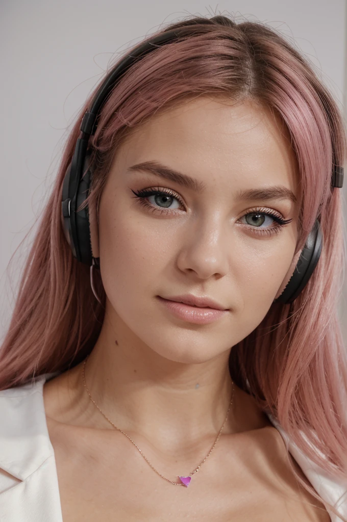 Generates realistic faces of a 19 year old e-girl with pink hair. Elle a des cheveux roses vifs, cut in a modern style, peut-être avec une frange ou des mèches encadrant son visage. Son visage est jeune et expressif, avec une peau claire et un maquillage caractéristique des e-girls, incluant un eyeliner audacieux, pastel eyeshadows and a pronounced blush. She wears a light or nude lipstick that completes her look. Ses accessoires incluent des bijoux tendance, comme des chokers, des piercings discrets, and maybe headphones or a gaming headset. L'arrière-plan peut être décoré avec des éléments typiques des e-girls, tels que des lumières LED ou des posters. La lumière douce et colorée ajoute une atmosphère vibrante et jeune à la scène. Chaque visage est d'une qualité photographique réaliste, capturing every detail precisely.

