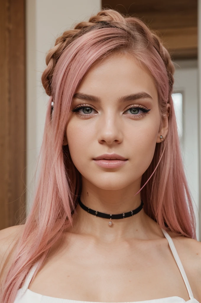 Generates realistic faces of a 19 year old e-girl with pink hair. Elle a des cheveux roses vifs, cut in a modern style, peut-être avec une frange ou des mèches encadrant son visage. Son visage est jeune et expressif, avec une peau claire et un maquillage caractéristique des e-girls, incluant un eyeliner audacieux, pastel eyeshadows and a pronounced blush. She wears a light or nude lipstick that completes her look. Ses accessoires incluent des bijoux tendance, comme des chokers, des piercings discrets, and maybe headphones or a gaming headset. L'arrière-plan peut être décoré avec des éléments typiques des e-girls, tels que des lumières LED ou des posters. La lumière douce et colorée ajoute une atmosphère vibrante et jeune à la scène. Chaque visage est d'une qualité photographique réaliste, capturing every detail precisely.