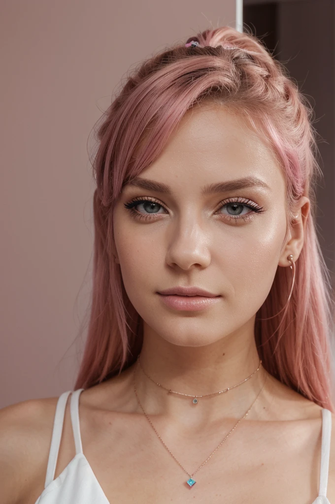 Generates realistic faces of a 19 year old e-girl with pink hair. Elle a des cheveux roses vifs, cut in a modern style, peut-être avec une frange ou des mèches encadrant son visage. Son visage est jeune et expressif, avec une peau claire et un maquillage caractéristique des e-girls, incluant un eyeliner audacieux, pastel eyeshadows and a pronounced blush. She wears a light or nude lipstick that completes her look. Ses accessoires incluent des bijoux tendance, comme des chokers, des piercings discrets, and maybe headphones or a gaming headset. L'arrière-plan peut être décoré avec des éléments typiques des e-girls, tels que des lumières LED ou des posters. La lumière douce et colorée ajoute une atmosphère vibrante et jeune à la scène. Chaque visage est d'une qualité photographique réaliste, capturing every detail precisely.
