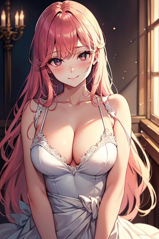 A very beautiful and cool woman in her 20s,Brand Hair,Dark Eyes,Thick eyelashes,Slanted Eyes,Beautiful face and eyes,Bangs,Shy smile,8k wallpaper,Very detailed,((High chroma)),((highest quality)) ,Straight semi-long hair,Light pink mesh hair,A little bit of sleepiness,((Ultra-high resolution)),Browsing Caution,masterpiece,Clear margins,((Red Wedding Dress)),Ample breasts,(Draw from the waist up),Eye contact,Cleavage