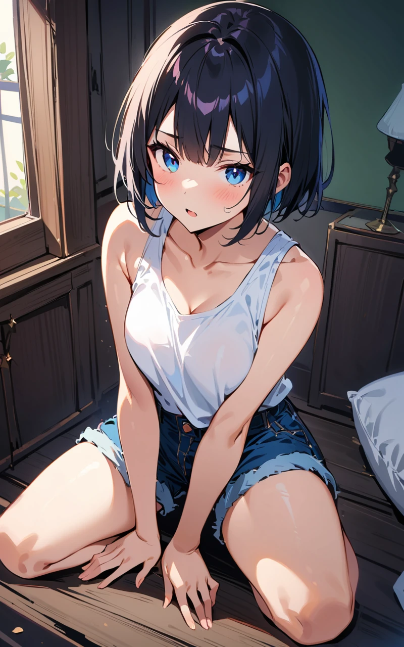 (masterpiece, highest quality:1.2), {best quality}, {very aesthetic}, {ultra-detailed}, {best illustration}, nsfw, squatting, spread legs, knees away,One girl, Sitting on the bed, Bobcut, Bluish black hair、White sleeveless tank top，Blue Denim Shorts,