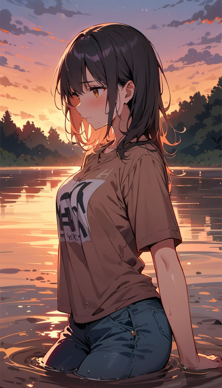masterpiece, woman, blushed, flared jeans:1.6, soaking wet, drowning in quicksand bog, t-shirt, looks around, dusk