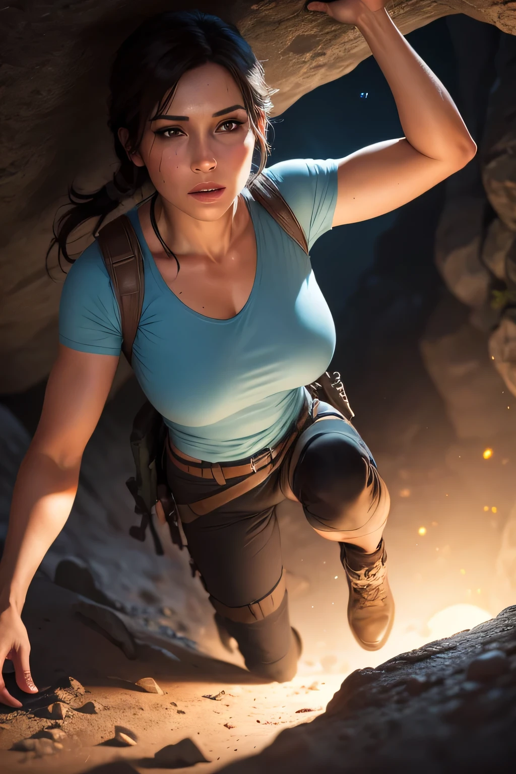 Picture of Lara Croft in a light blue shirt and short dark brown pants climbing a mountain in an underground cave. The scene is lit by the moon reflecting into the water. DLSR, sharp focus, soft lighting, masterpiece, perfect face, ultra detailed face, perfect brown eyes, beautiful face, photorealistic, 8k, masterpiece