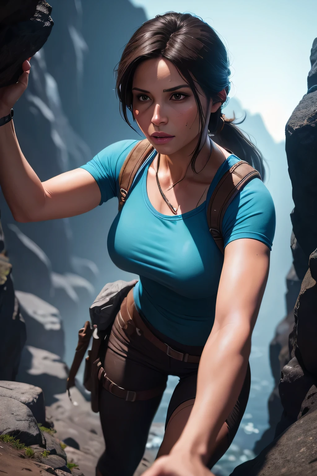 Picture of Lara Croft in a light blue shirt and short dark brown pants climbing a mountain in an underground cave. The scene is lit by the moon reflecting into the water. DLSR, sharp focus, soft lighting, masterpiece, perfect face, ultra detailed face, perfect brown eyes, beautiful face, photorealistic, 8k, masterpiece
