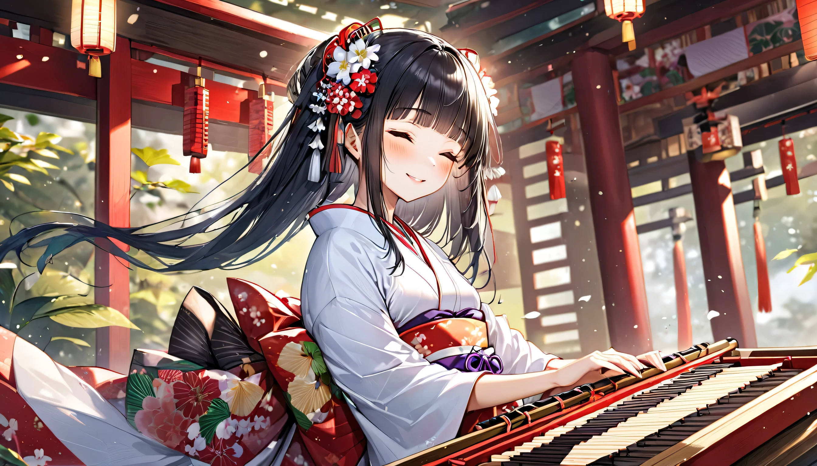 (Japanese Koto playing style) (15 yo, solo) ((blunt bangs)) (black hair long hair sexy shrine maiden girl, sexy closed eyes, love smile) ((beautiful make up)) (in a kimono), (playing detailed Koto) (in the japanese zasiki), BREAK, perfect anatomy, masterpiece, best quality, 16k, beautiful detailed grow, daydreaming expression.