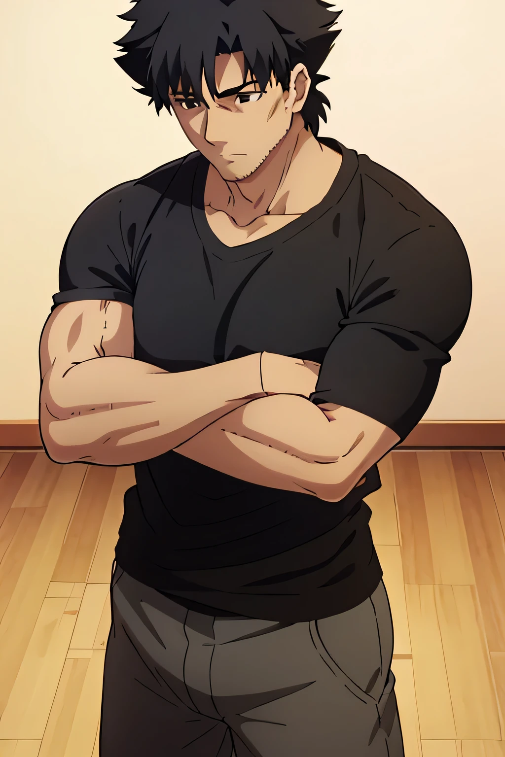 Kiritsugu is sitting and flexing his buff biceps and thighs. He wears black short boxershorts. You can see his thighs. He wears a black tshirt with short sleeves. His right sleeve is completely rolled up so you can see his entire arm and shoulder. He is showing his abs too. He is admiring his arms.