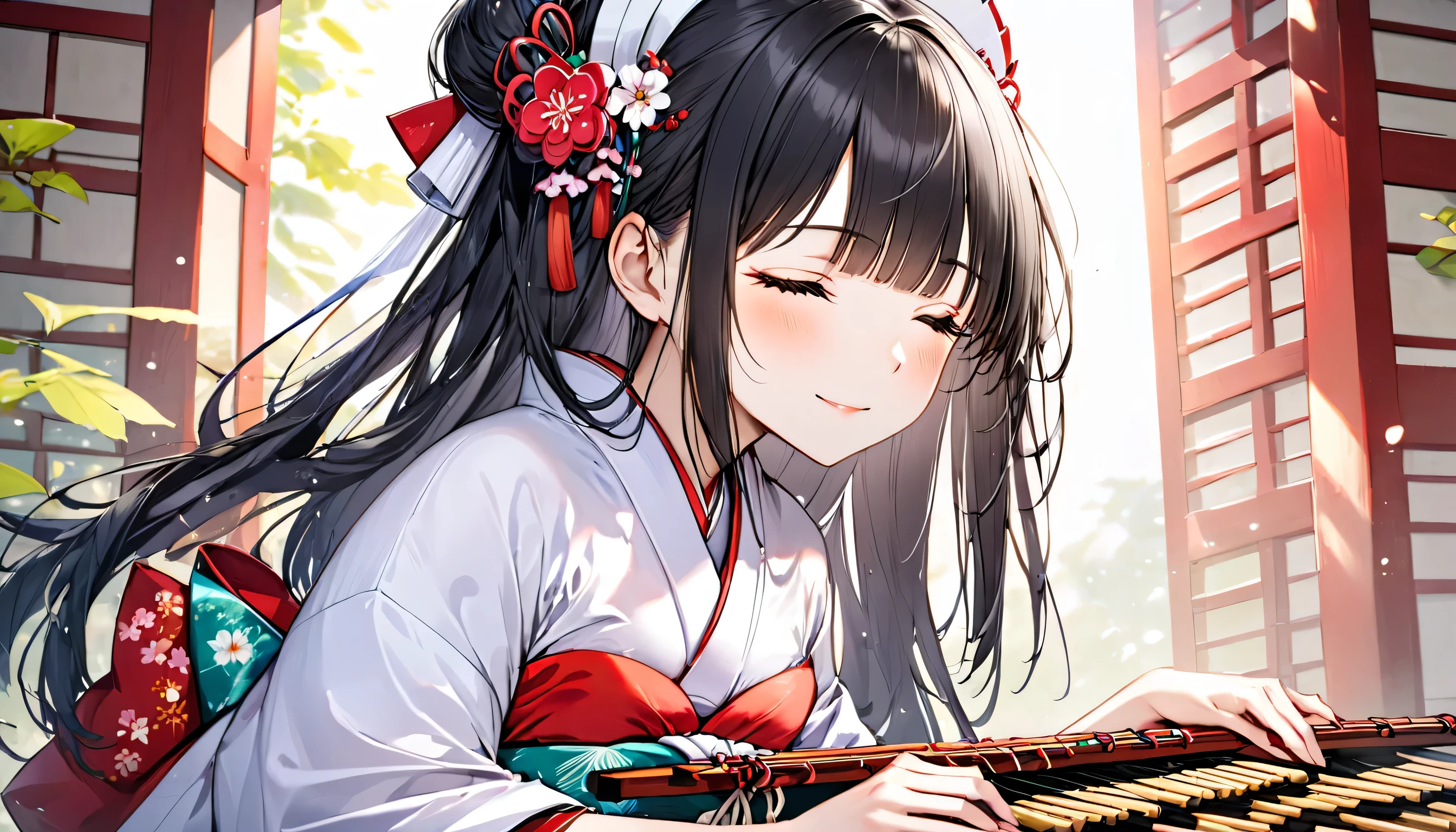 
(Japanese Koto playing style) ( yo, solo) ((blunt bangs)) (black hair long hair sexy shrine maiden girl, sexy closed eyes, love smile) ((beautiful make up)) (in a kimono), (playing detailed Koto) (in the japanese zasiki), BREAK, perfect anatomy, masterpiece, best quality, 16k, beautiful detailed grow, daydreaming expression.