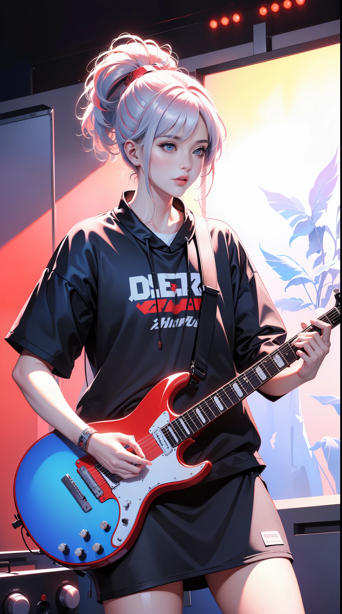 A guitarist rocking out on stage,rock music,power of music,stage lights,enthusiastic audience,heavy metal guitar,live performance,(best quality,4k,8k,highres,masterpiece:1.2),ultra-detailed,(realistic,photorealistic,photo-realistic:1.37),HDR,UHD,studio lighting,extreme detail description,professional,vivid colors