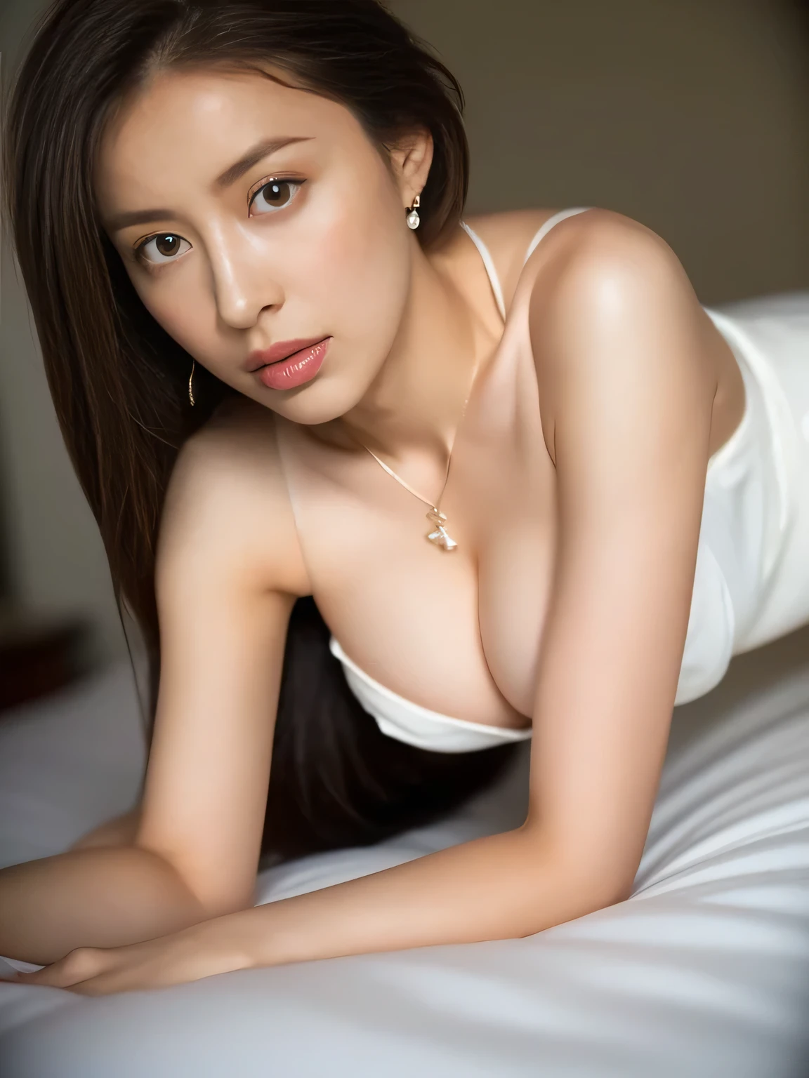 ((Snapshots of everyday life, Clear photos:1.4)),
(Wearing a tight race queen uniform, Side boobs are visible:1.4),
(No bra, The shape of the nipples is visible,Ample cleavage,Beautiful thighs,Ultra-detailed skin,Small pores in the skin:1.4),
((Photo session, Get on all fours in bed, Cute poses are great, Her breasts are touching my thighs, Her body is incredibly beautiful and stylish, :1.4)),
((, Beautiful high school girl, Someone who is good at kissing, Sexy body, Body facing forward, Open your legs a little:1.4)),
((Small breasts, Flat Chest, chest is slightly drooping:1.2)),
((Large bedroom, Spotlight:1.4)),
Eye focus, Narrow shoulders, Beautiful clavicle, Thin arms, Thin legs, The back of the hand is beautiful and feminine, Slim figure, Soft belly, Tight waist, Highly detailed face, super detailed breasts, Ultra-detailed skin, Fair skin, Shiny skin, Ultra-detailed lips, Fuller lips, Thick and soft lips, Glossy pink lips, Blushing, White teeth, blue eyes, Beautiful actress makeup, compensate, Pink lipstick, Dark brown hair, Delicate and soft hair, (Put your hair up, Fluffy short bob, ponytail:1.2), (Sweep your bangs to the side:1.2), (Stylish earrings,necklace:1.2),