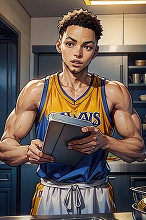 Stephen Curry, Joueur NBA, Tout le corps, Anime style: chef-d&#39;artwork, Best quality, 4k, animated version, Stephen Curry:1.2, NBA star, Joueur de basketball, muscular physique, Personnage d&#39;anime:1.2, Dessin animé Stephen Curry, detailed body, chiseled muscles, pose dynamique:1.2, detailed facial features, piercing gaze, expression inspirée de l&#39;anime:1.2, traits nets, Hyperrealistic eyes, sourcils expressifs:1.2, Maillot NBA authentique, Short de basket, Anime style clothing:1.2, Curry d&#39;Anime, iconic sneakers, mouvement fluide,
