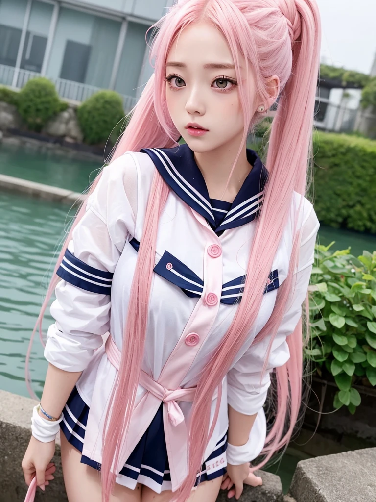 long pink hair up to the waist,Dual Horsetail,Pink-eyed girl in a sailor suit ,Huge ,Wet look,Make your face bright red,I'm shy,In the classroom,Grimacing and sticking out tongue,Miss Ghost,