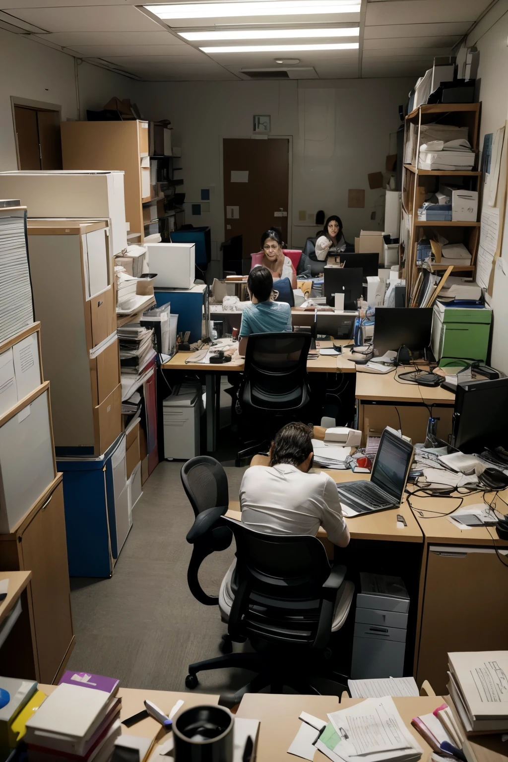 A chaotic scene in the office, com trabalhadores correndo para todos os lados.
Dialogue: "We are missing deadlines and no one knows what to do!"
