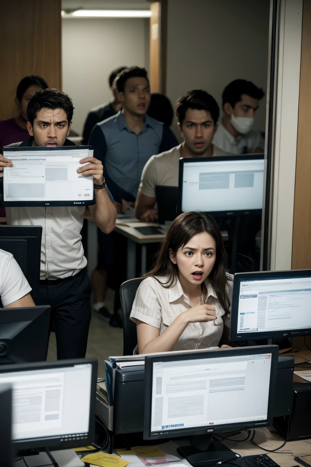 A chaotic scene in the office, com trabalhadores correndo para todos os lados.
Dialogue: "We are missing deadlines and no one knows what to do!"