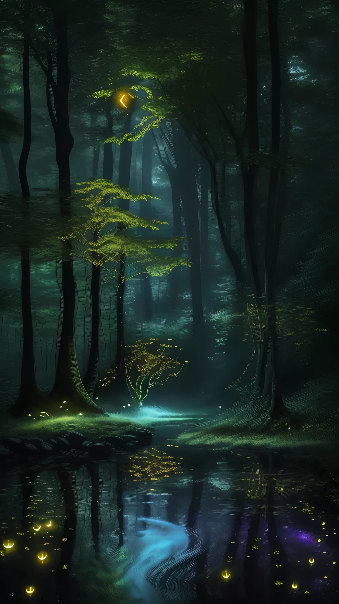 Enchanted forest with glowing fireflies and a babbling brook, surrounded by towering trees and shrouded in mist, magical, ethereal, dreamlike, stylized