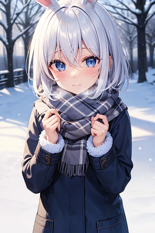 Bob white hair , , blue eyes, sweater, scarf, snow, very detaile, cute, snow rabbit, cold