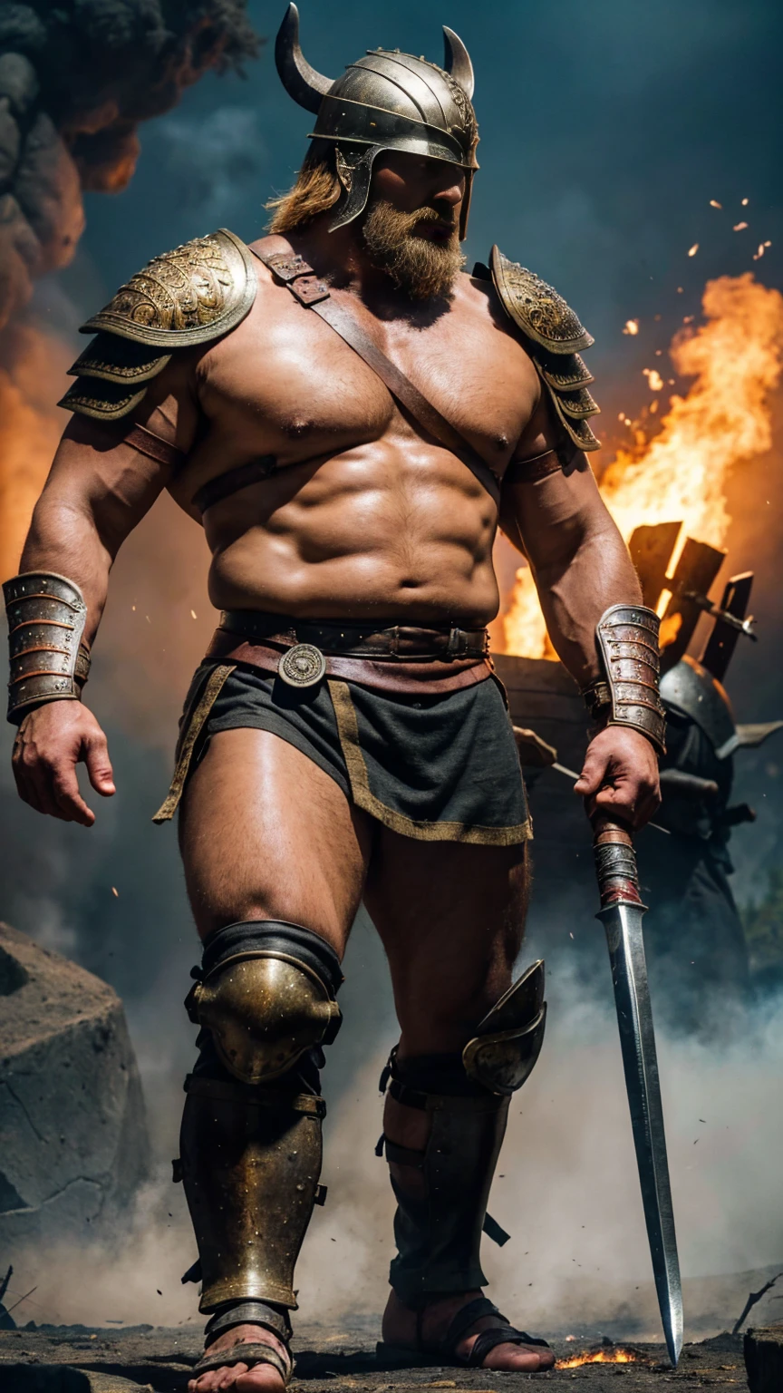 looking at me, face focus, a robust build villain barbarian, mid combat, He is a ferocious Japanese fat barbarian, leather and iron armor, viking helmet, armored short skirt, holding a Viking War Axes, legs exposed from thighs to feet, (best quality, photo-realistic:1.37), ultra-detailed, fierce warriors, ancient battlefields, epic showdown, intense power, historical warfare, dramatic lighting, mystical aura, mythical battlegrounds, legendary struggle, heroic champions, fearless warriors, battle cry, immersive atmosphere, epic combat, mythical warriors, cinematic composition, intense energy, mythical heroes, fierce determination, breathtaking action, dynamic poses, mythical realms, mythical strength, ((ultra sharp)), ((masterpiece)), ((best quality)), ((ultra detailed)), ((intricate details)), Inguinal region detailed, destroyed city after nuclear blast, fire, smoke,