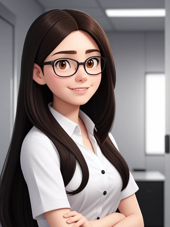 A 28-year-old woman, long black hair, Round Face, Smile, and black eyes, wear glasses.Wearing a white shirt，In the hospital。