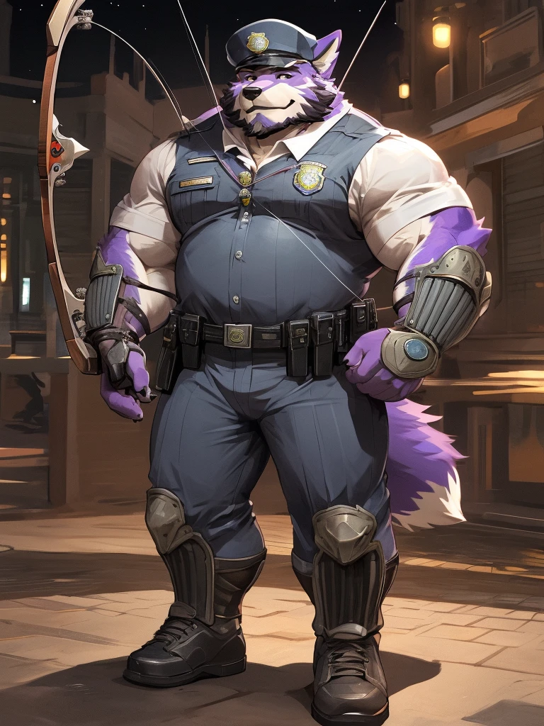 a drawing of a man in a uniform holding a hunting bow, detailed full body, (((archery armor, military hat, police man, black color outfit, military shoes, police cap))), beautiful full body, full uniform, an anthropomorphic fox, moustache, mature, daddy, furry character, anthropomorphic furry art, anthro concept art, commission for high res, fursona commission, fullbody commission for, purple fur fox, (((hunting bow))), (((purple fur))), muscular, bulking, tall,  archer, beard, ((fox)), furry art, hold a ((scifi bow)), (muscular), (big body), (beard),